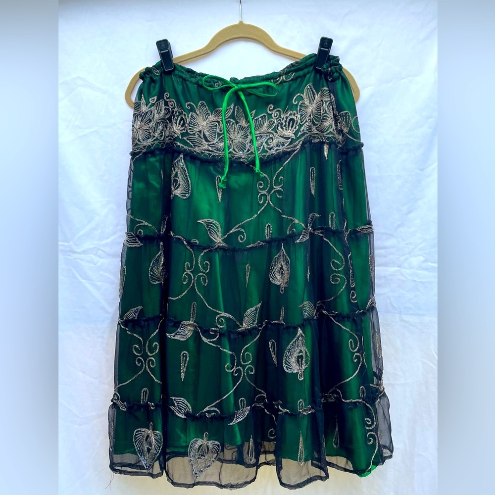 Emerald green skirt with gold embroidery from India with drawstring at waist.
